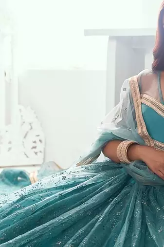 Blue Net Embroidered & Thread Work Semi Stitched Lehenga Choli