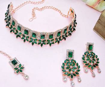 Green rose gold premium designer american diamond and stone work necklace set 3