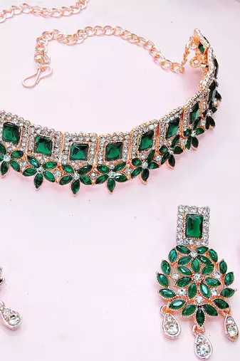 Green rose gold premium designer american diamond and stone work necklace set