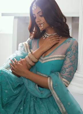 Blue Net Embroidered & Thread Work Semi Stitched Lehenga Choli 4