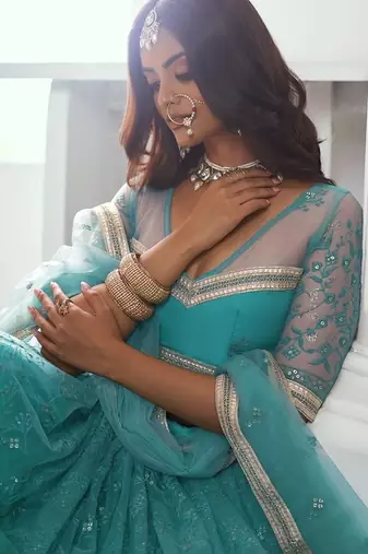 Blue Net Embroidered & Thread Work Semi Stitched Lehenga Choli
