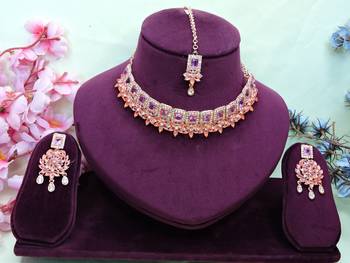 Purple rose gold premium designer american diamond and stone work necklace set 1