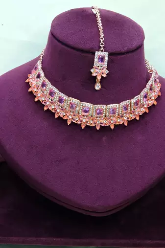 Purple rose gold premium designer american diamond and stone work necklace set
