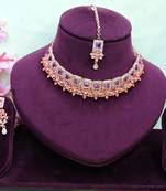 Purple rose gold premium designer american diamond and stone work necklace set