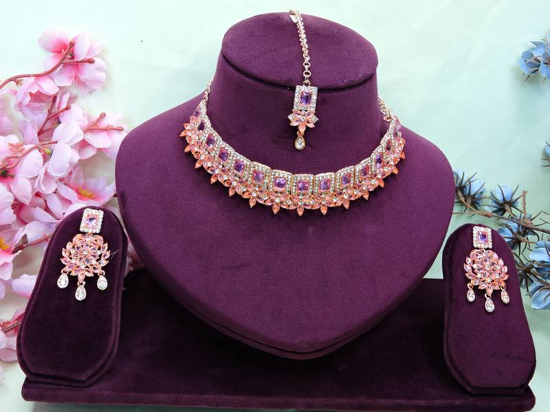 Purple rose gold premium designer american diamond and stone work necklace set