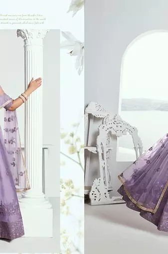 Lilac Net Embroidered & Thread Work Semi Stitched Lehenga Choli