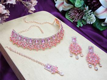 Purple rose gold premium designer american diamond and stone work necklace set 2