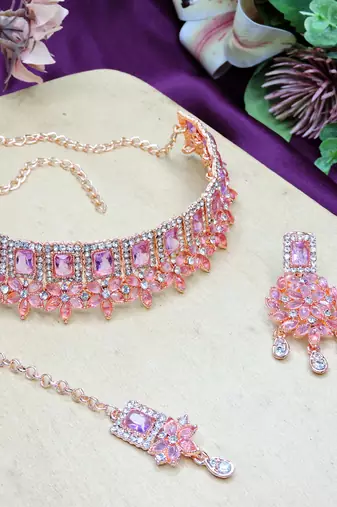 Purple rose gold premium designer american diamond and stone work necklace set