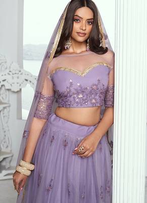 Lilac Net Embroidered & Thread Work Semi Stitched Lehenga Choli 3