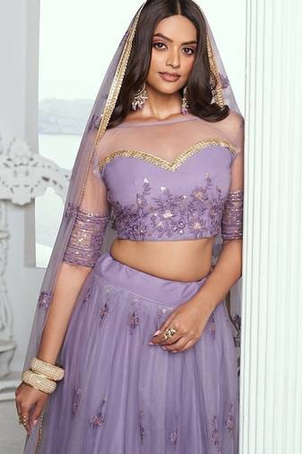 Lilac Net Embroidered & Thread Work Semi Stitched Lehenga Choli