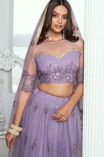 Lilac Net Embroidered & Thread Work Semi Stitched Lehenga Choli