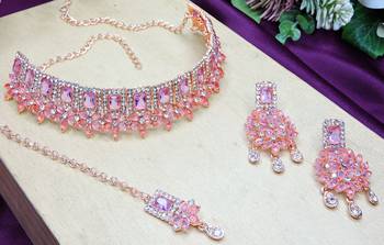 Purple rose gold premium designer american diamond and stone work necklace set 3