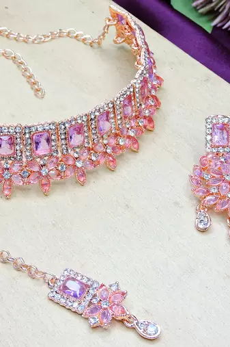 Purple rose gold premium designer american diamond and stone work necklace set