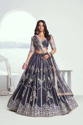 Dark Grey Net Embroidered & Thread Work Semi Stitched Lehenga Choli 1