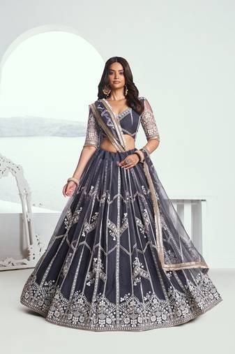 Dark Grey Net Embroidered & Thread Work Semi Stitched Lehenga Choli