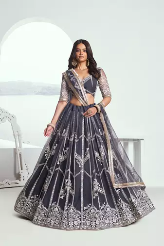 Dark Grey Net Embroidered & Thread Work Semi Stitched Lehenga Choli