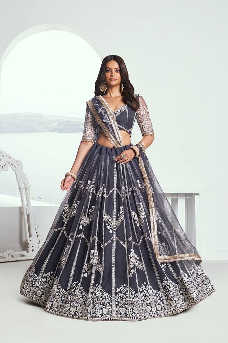 Dark Grey Net Embroidered & Thread Work Semi Stitched Lehenga Choli