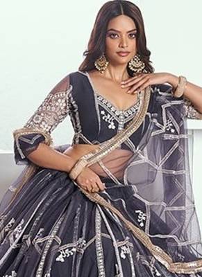 Dark Grey Net Embroidered & Thread Work Semi Stitched Lehenga Choli 2