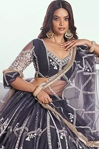 Dark Grey Net Embroidered & Thread Work Semi Stitched Lehenga Choli