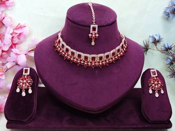 Maroon rose gold premium designer american diamond and stone work necklace set 1
