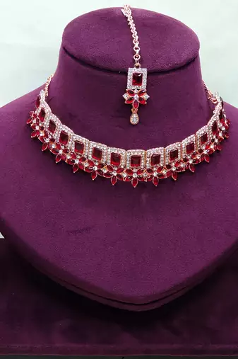 Maroon rose gold premium designer american diamond and stone work necklace set