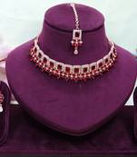 Maroon rose gold premium designer american diamond and stone work necklace set