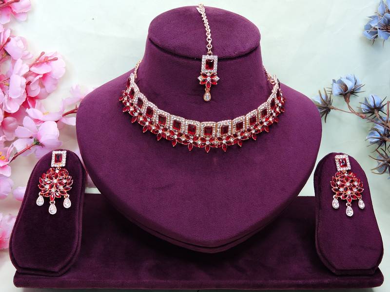 Maroon rose gold premium designer american diamond and stone work necklace set