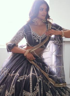 Dark Grey Net Embroidered & Thread Work Semi Stitched Lehenga Choli 3