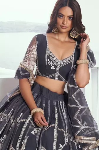 Dark Grey Net Embroidered & Thread Work Semi Stitched Lehenga Choli