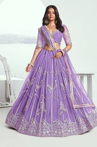 Purple Net Embroidered & Thread Work Semi Stitched Lehenga Choli