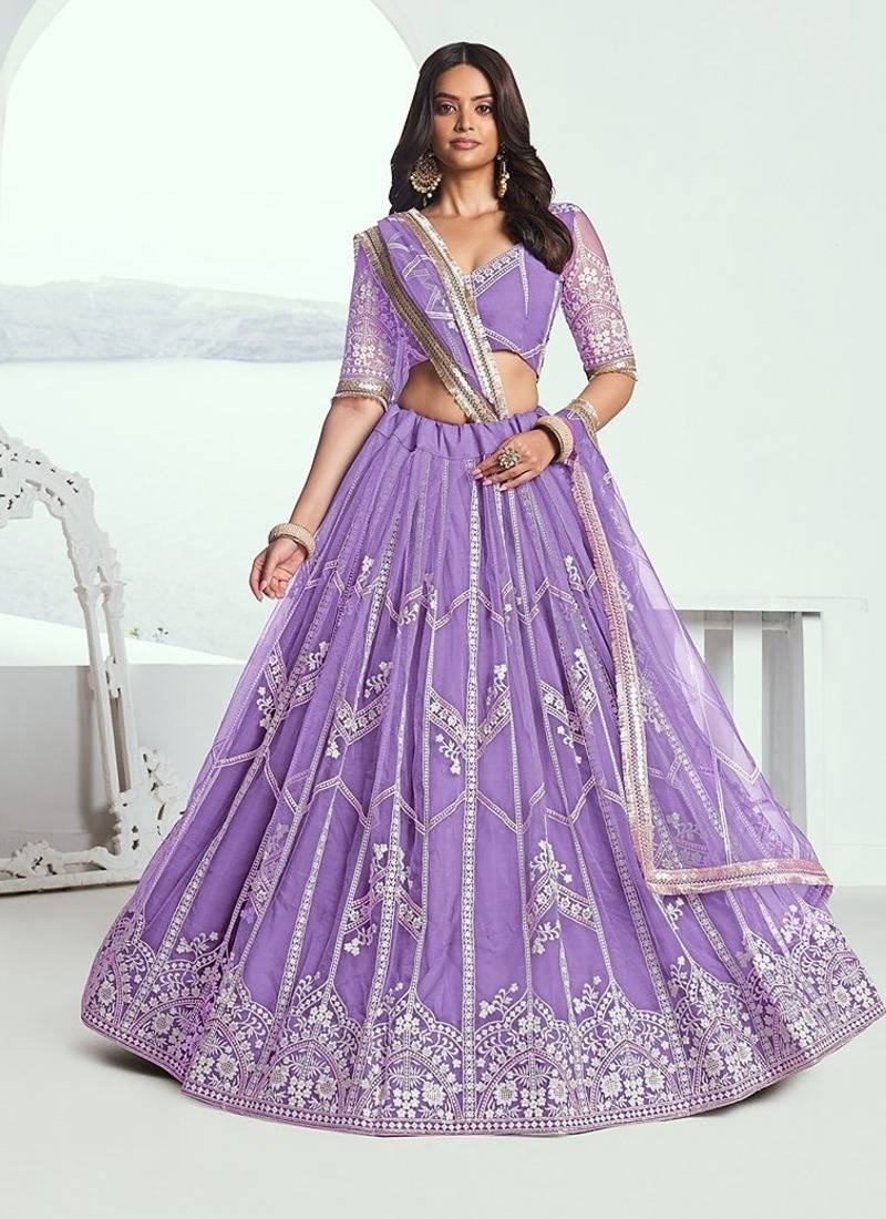 Purple Net Embroidered & Thread Work Semi Stitched Lehenga Choli