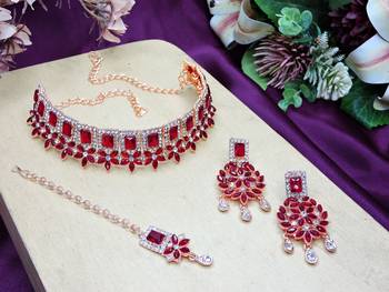 Maroon rose gold premium designer american diamond and stone work necklace set 2