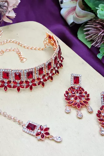 Maroon rose gold premium designer american diamond and stone work necklace set