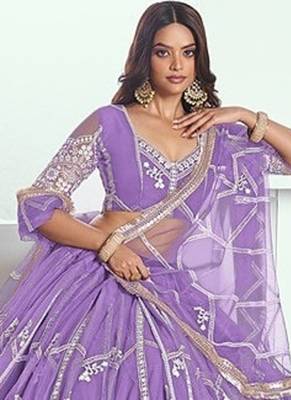 Purple Net Embroidered & Thread Work Semi Stitched Lehenga Choli 2