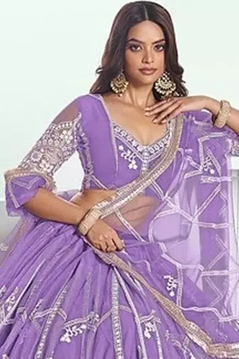 Purple Net Embroidered & Thread Work Semi Stitched Lehenga Choli