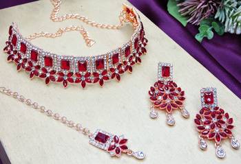 Maroon rose gold premium designer american diamond and stone work necklace set 3