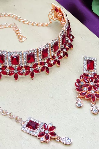 Maroon rose gold premium designer american diamond and stone work necklace set
