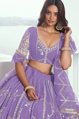 Purple Net Embroidered & Thread Work Semi Stitched Lehenga Choli