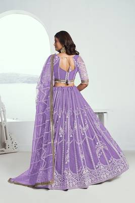 Purple Net Embroidered & Thread Work Semi Stitched Lehenga Choli 4