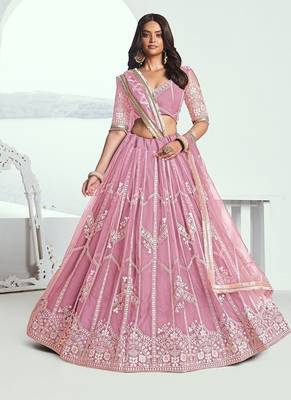 Pink Net Embroidered & Thread Work Semi Stitched Lehenga Choli 1
