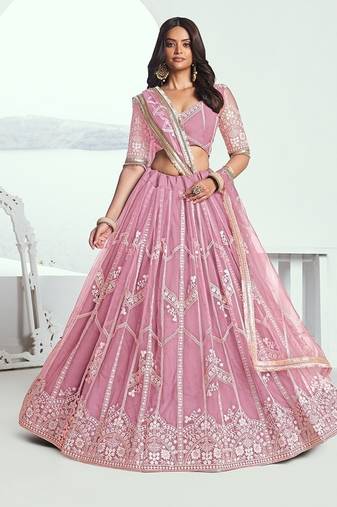 Pink Net Embroidered & Thread Work Semi Stitched Lehenga Choli