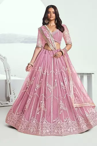 Pink Net Embroidered & Thread Work Semi Stitched Lehenga Choli