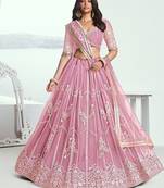 Pink Net Embroidered & Thread Work Semi Stitched Lehenga Choli