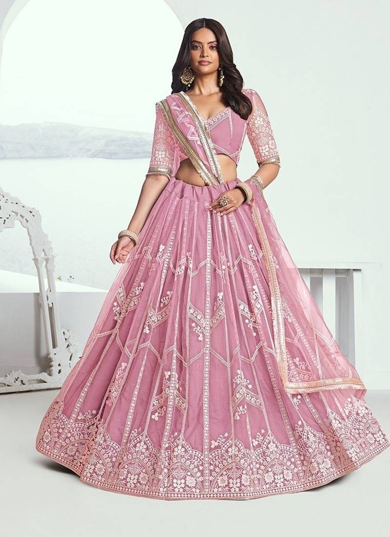 Pink Net Embroidered & Thread Work Semi Stitched Lehenga Choli