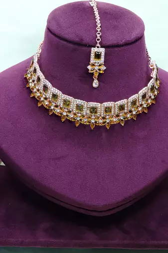Green rose gold premium designer american diamond and stone work necklace set