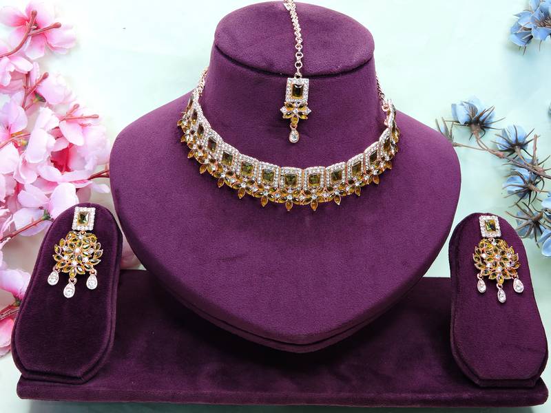 Green rose gold premium designer american diamond and stone work necklace set