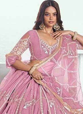 Pink Net Embroidered & Thread Work Semi Stitched Lehenga Choli 2