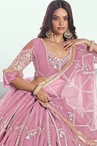 Pink Net Embroidered & Thread Work Semi Stitched Lehenga Choli