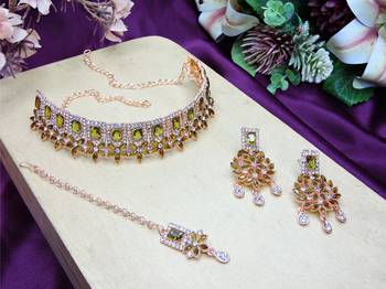 Green rose gold premium designer american diamond and stone work necklace set 2