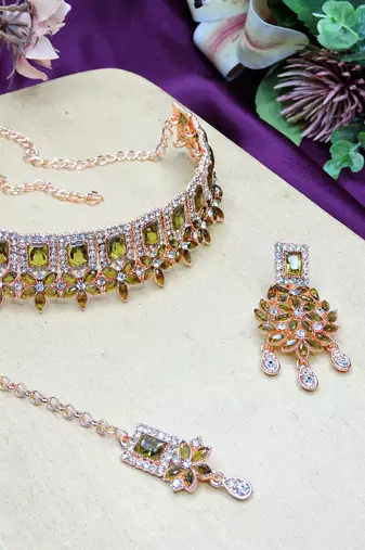 Green rose gold premium designer american diamond and stone work necklace set